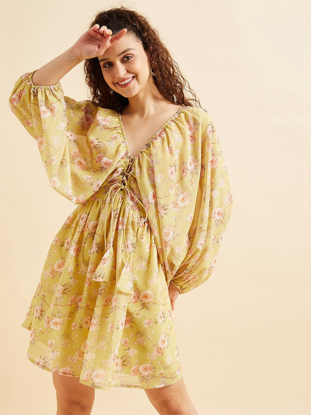PANIT Yellow & Pink Floral Printed Puff Sleeve Tie Up Georgette Empire Dress