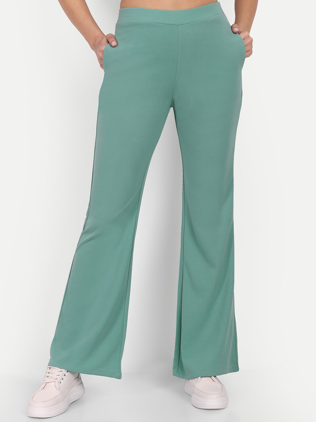 Next One Women Green Relaxed Flared High-Rise Easy Wash Bootcut Trousers
