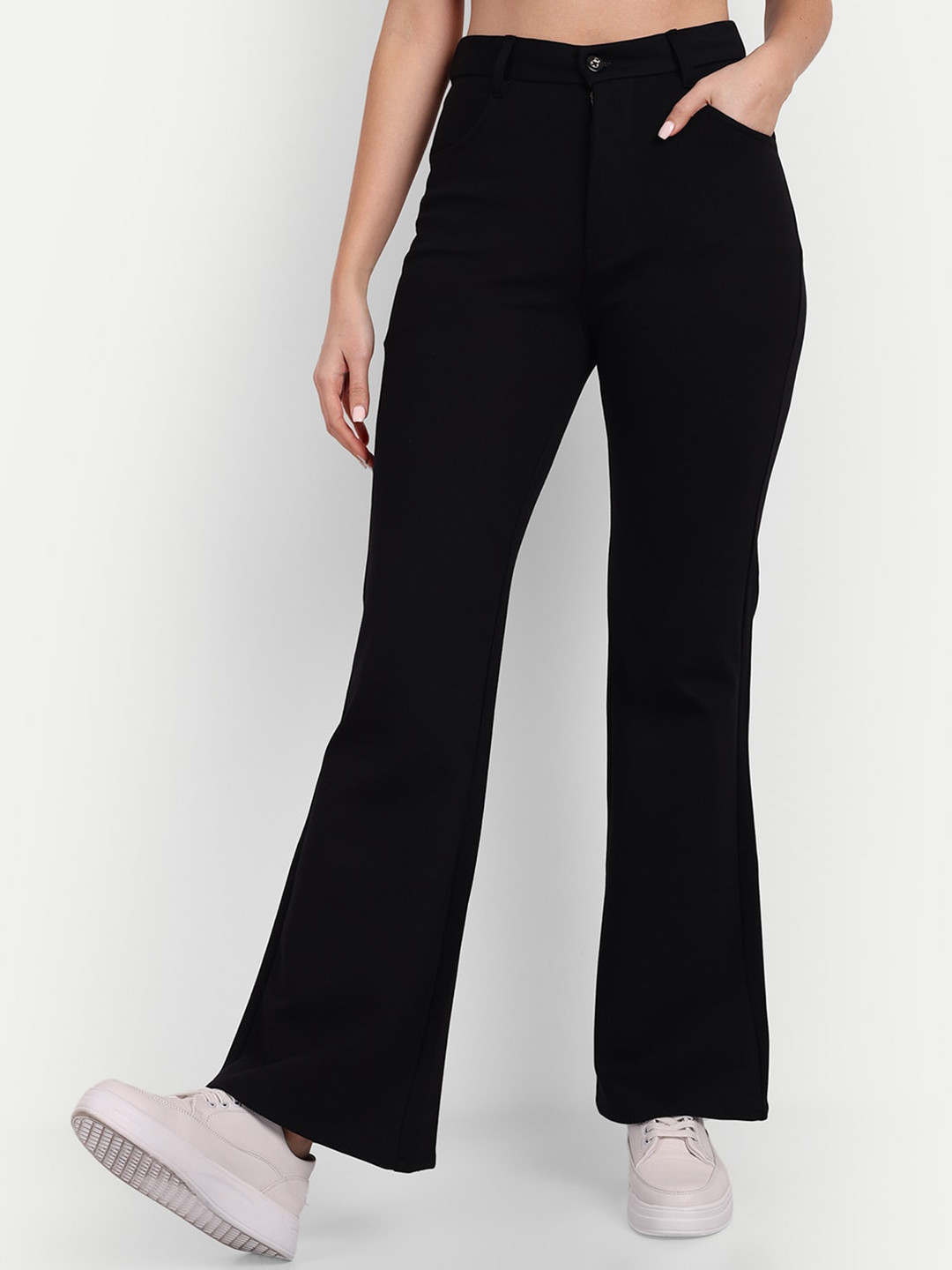 Next One Women Relaxed Straight Leg Flared High-Rise Easy Wash Bottcut Trousers
