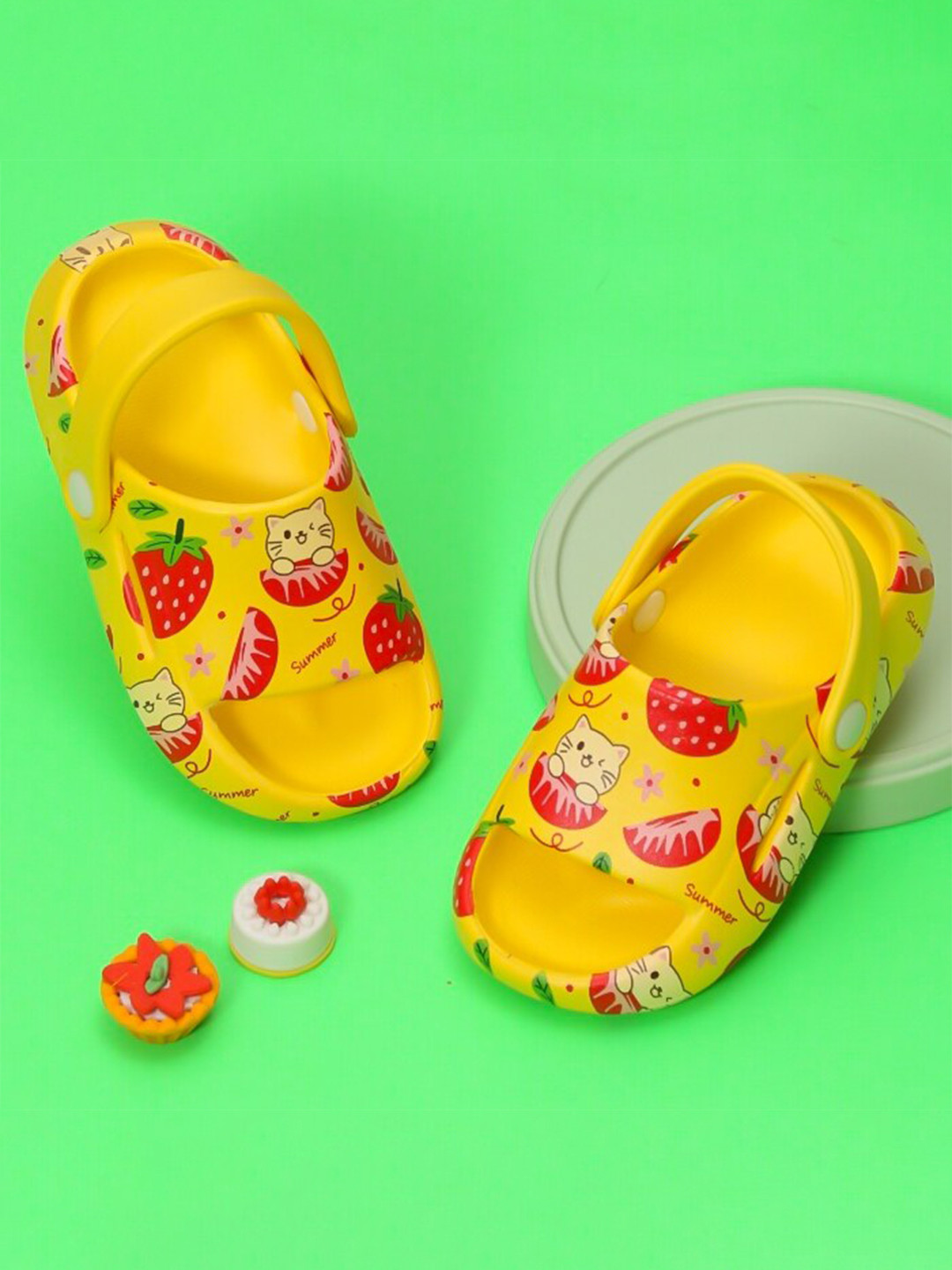 Yellow Bee Girls Strawberry and Cat Printed Rubber Clogs