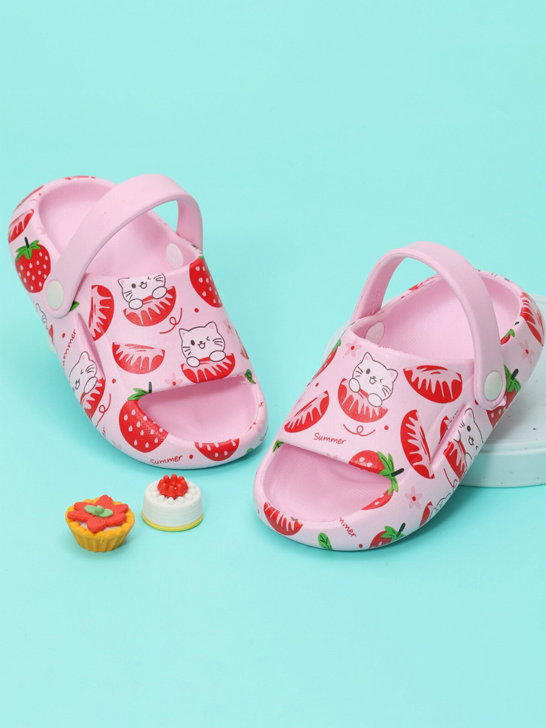 Yellow Bee Girls Strawberry And Cat Printed Rubber Clogs