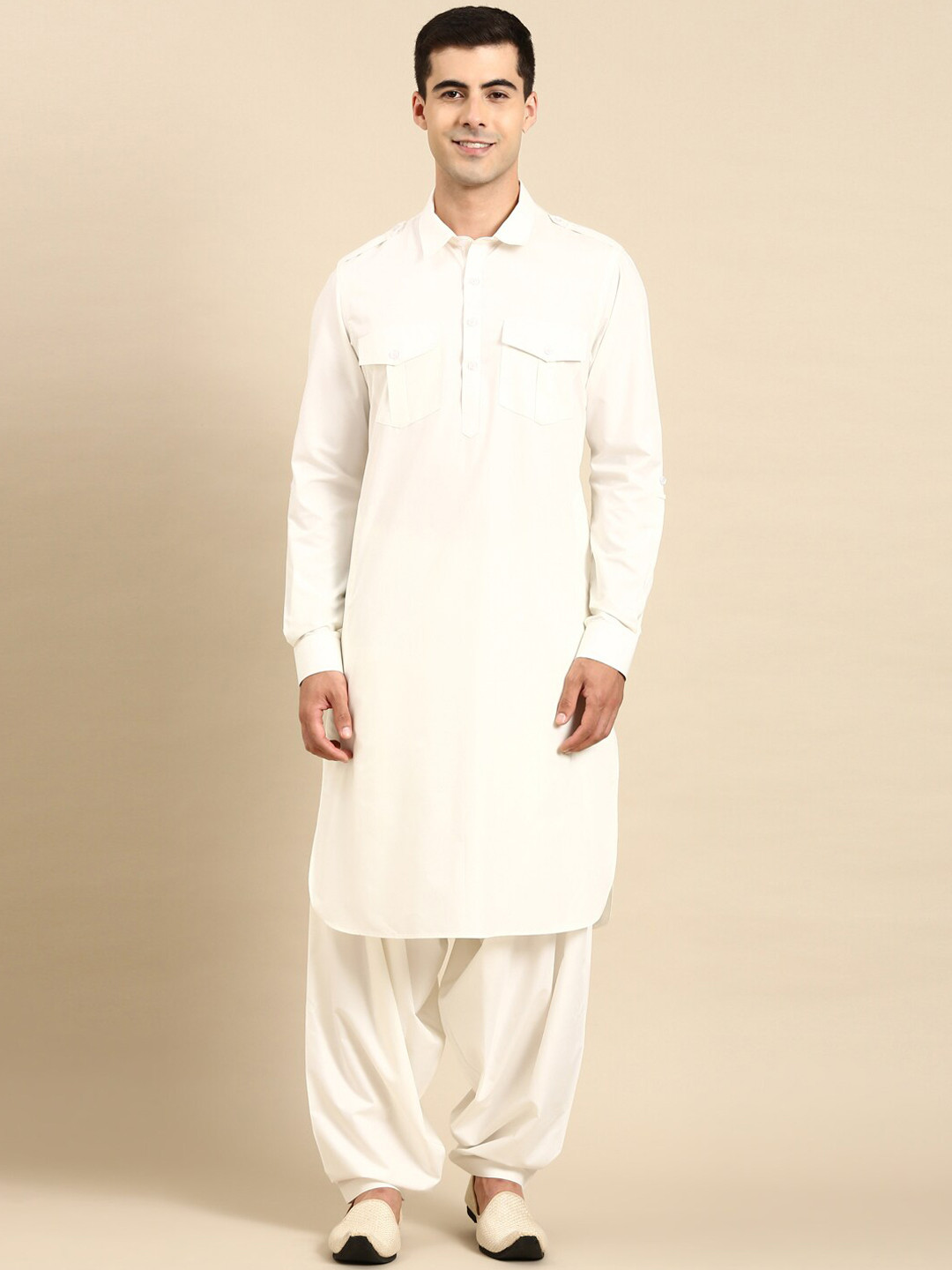 TheEthnic.Co Shirt Collar Pure Cotton Pathani Kurta  With Salwar