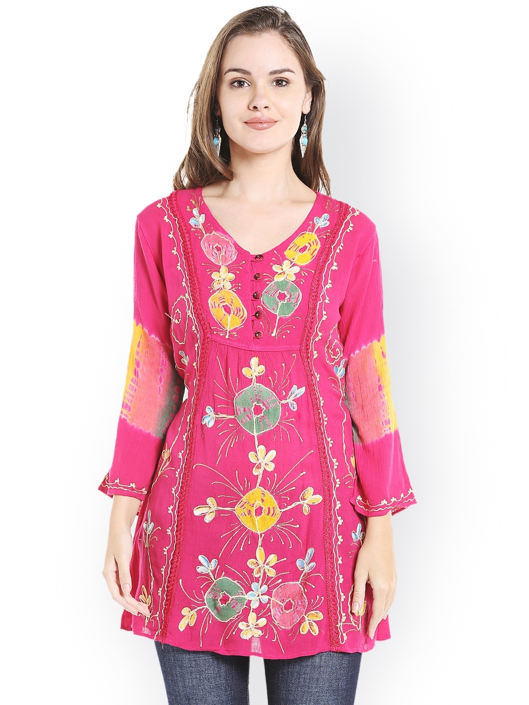 Buy Ishin Pink Embroidered Straight Kurti Kurtis for Women