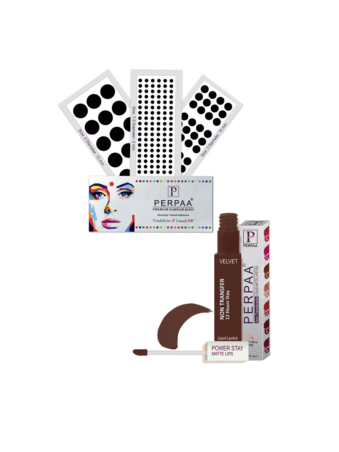 PERPAA Power Stay Non Transfer Lipstick-16 & Set of 3 Premium Black Bindis-Size 7.5,02,03
