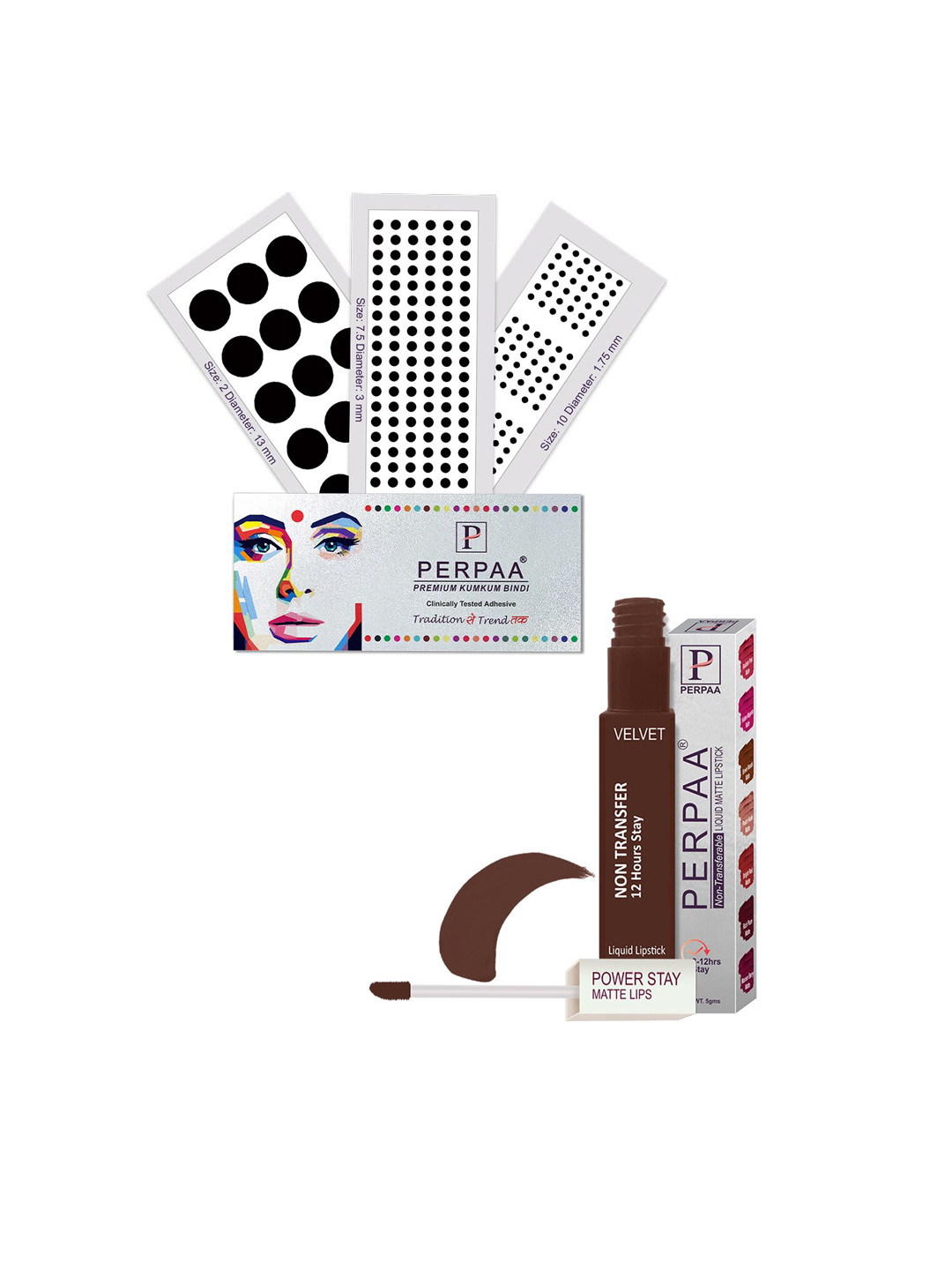 PERPAA Power Stay Non Transfer Lipstick-16 & Set of 3 Premium Black Bindis- Size 7.5,02,10