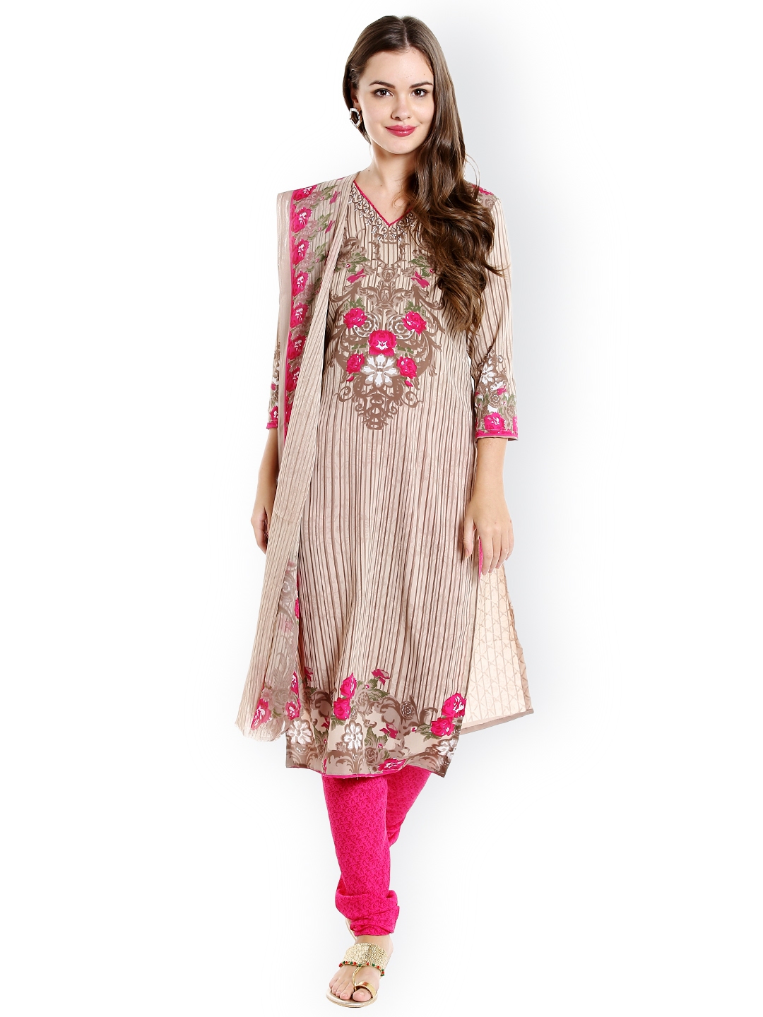 Ishin Beige Pink Poly Crepe Unstitched Dress Material