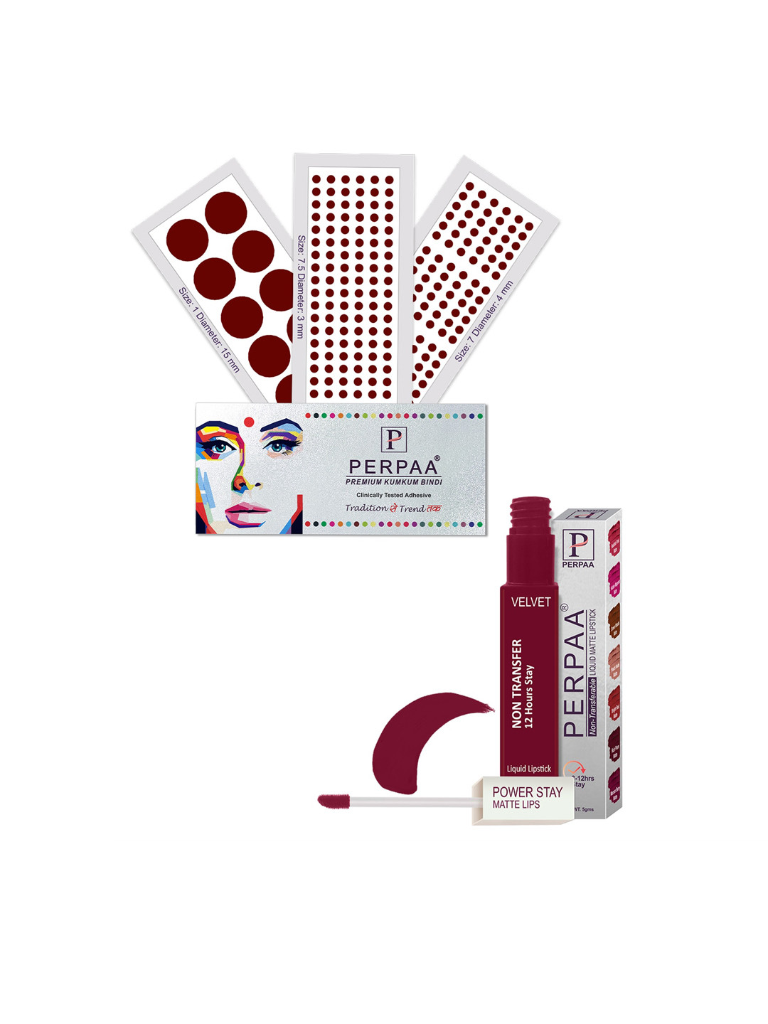 PERPAA Power Stay Non Transfer Lipstick-09 & Set of 3 Premium Maroon Bindi- Size 7.5,01,07