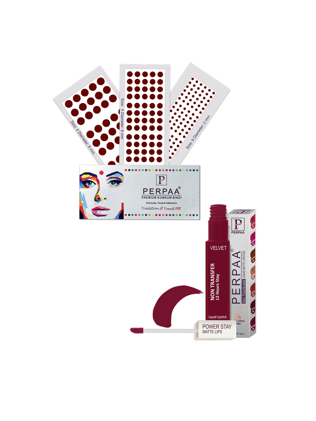 PERPAA Power Stay Non Transfer Lipstick-09 & Set of 3 Premium Maroon Bindis- Size 04,05,09