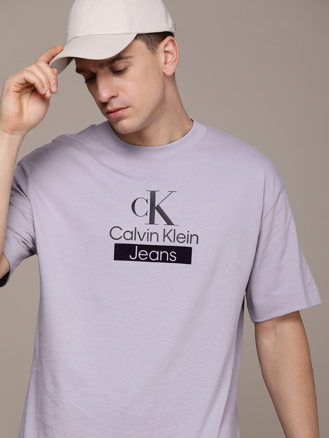 Calvin Klein Jeans Brand Logo Embroidered Drop-Shoulder Sleeves Pure Cotton  Boxy T-shirt