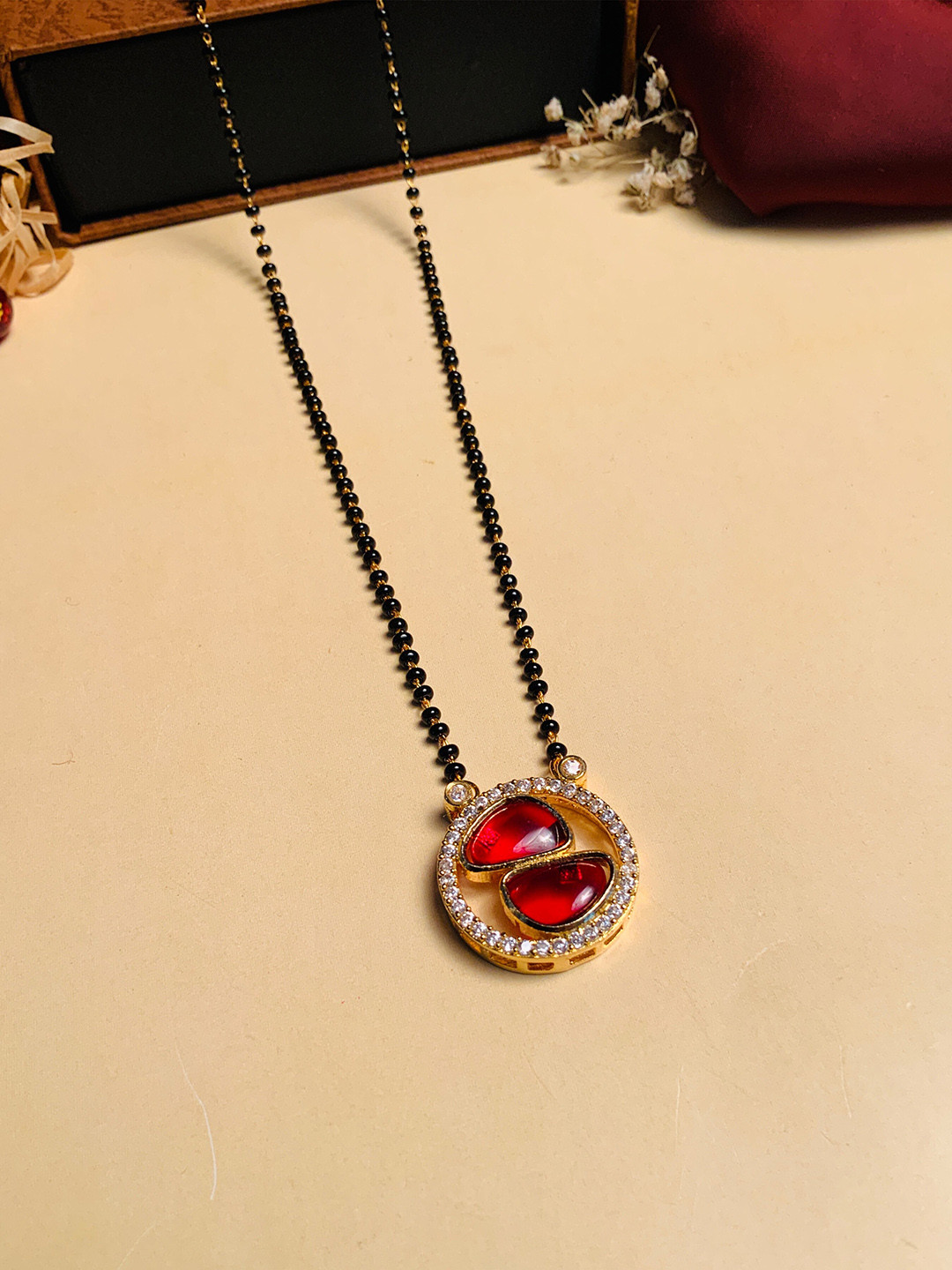 Gold-Plated American Diamond Studded & Beaded Mangalsutra