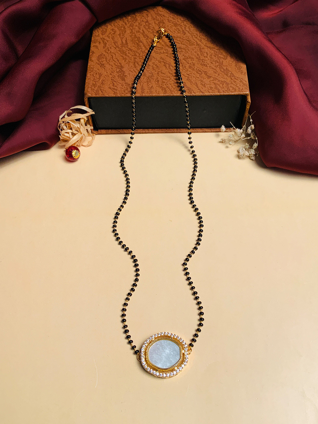 ABDESIGNS Gold-Plated Beaded Mother Pearl & American Diamond Mangalsutra