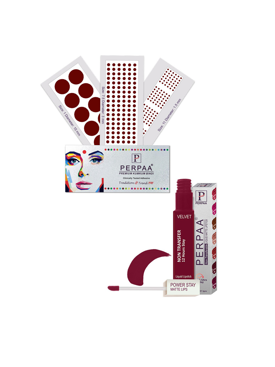 PERPAA Power Stay Non Transfer Lipstick-09 & Set of 3 Premium Maroon Bindi- Size 7.5,01,11