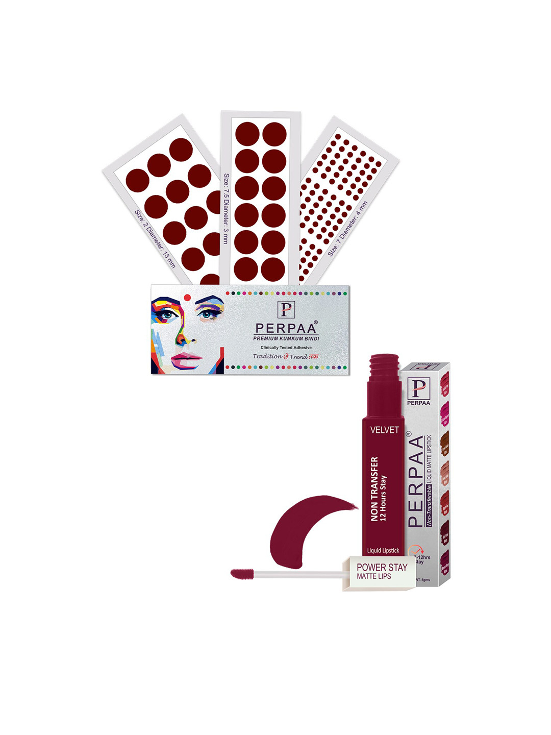 PERPAA Power Stay Non Transfer Lipstick-09 & Set of 3 Premium Maroon Bindi- Size 7.5,02,07