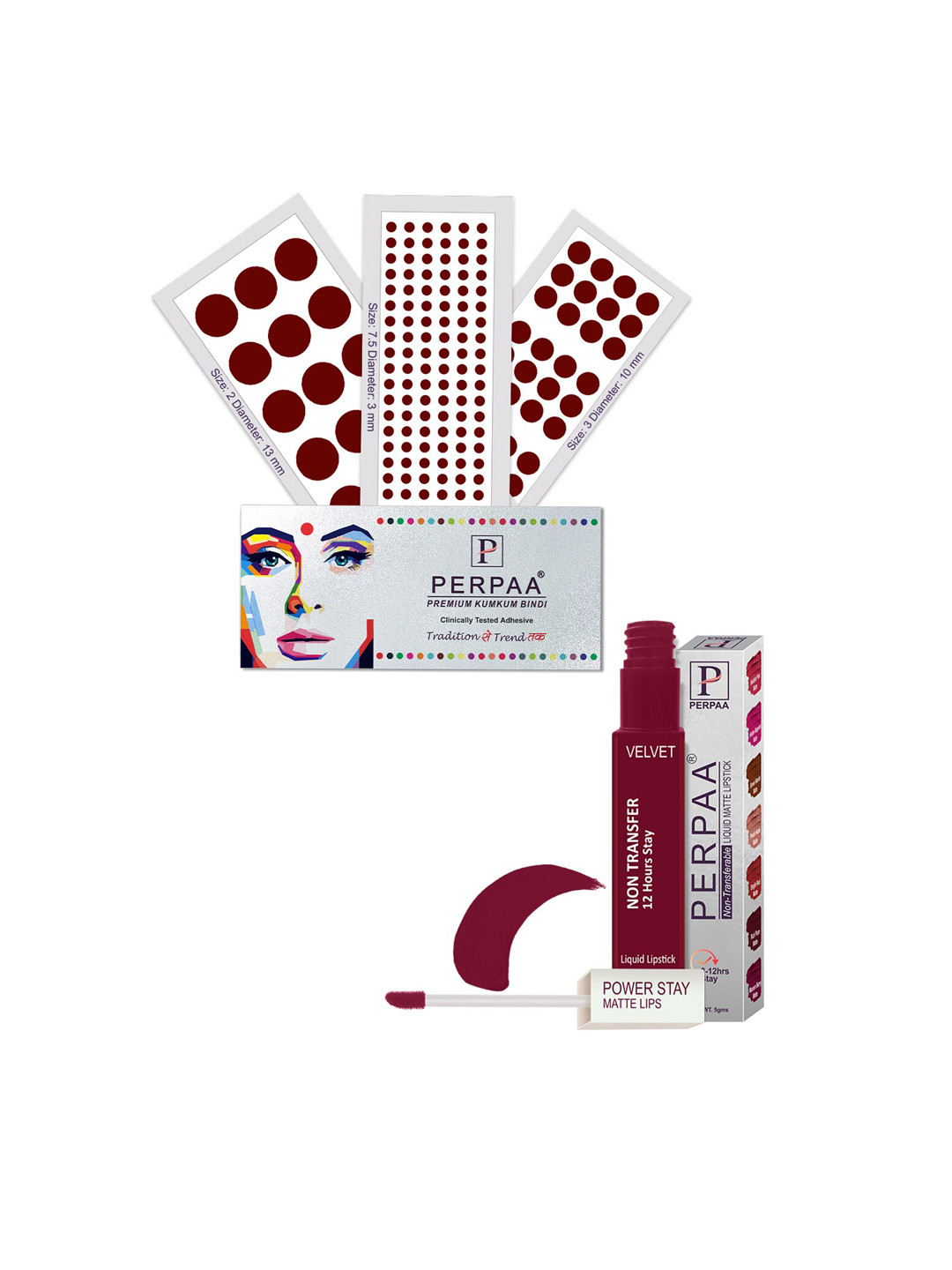 PERPAA Power Stay Non Transfer Lipstick-09 & Set of 3 Premium Maroon Bindi- Size 7.5,02,03