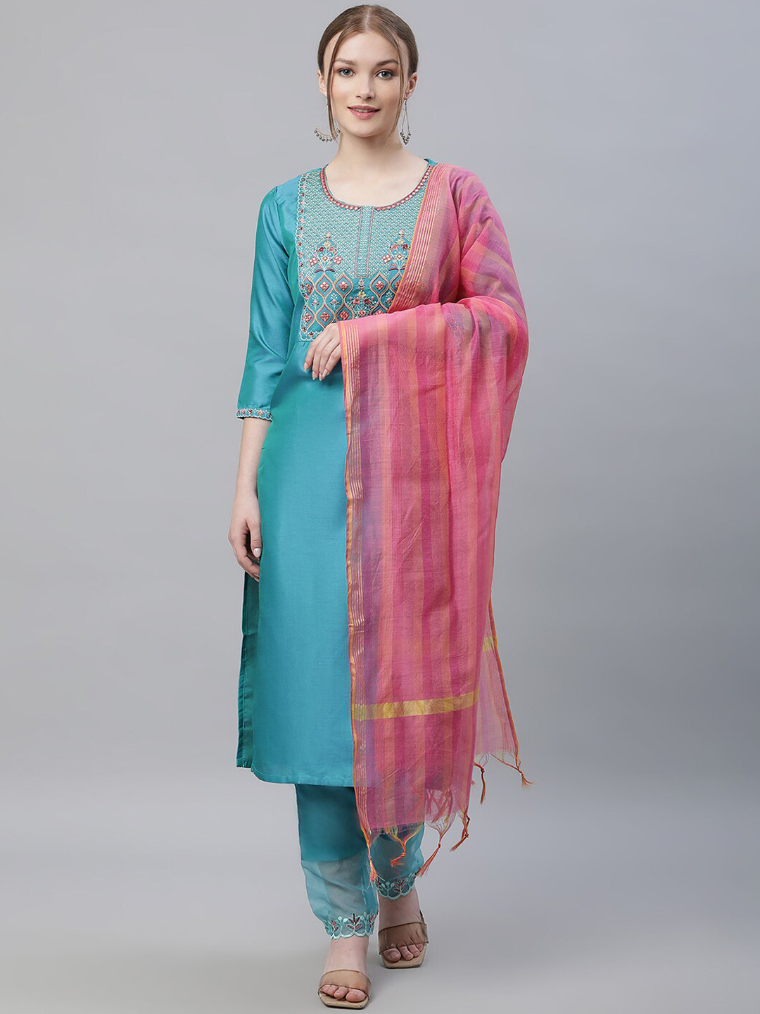 Sringam Embroidered Mirror Worked Regular Kurta with Trousers & Dupatta