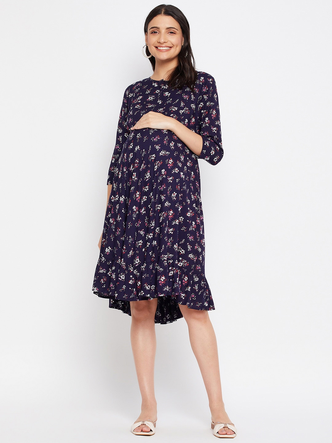 Hypernation Floral Printed Feeding & Maternity Empire Dress