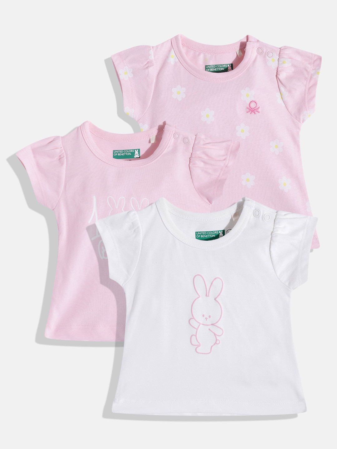 United Colors of Benetton Infant Girls Pack of 3 Printed Pure Cotton T-shirt