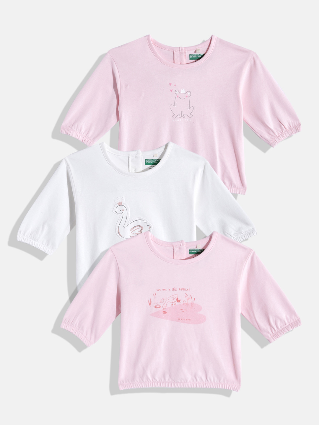 United Colors of Benetton Infant Girls Pack of 3 Printed Pure Cotton Blouson Tops