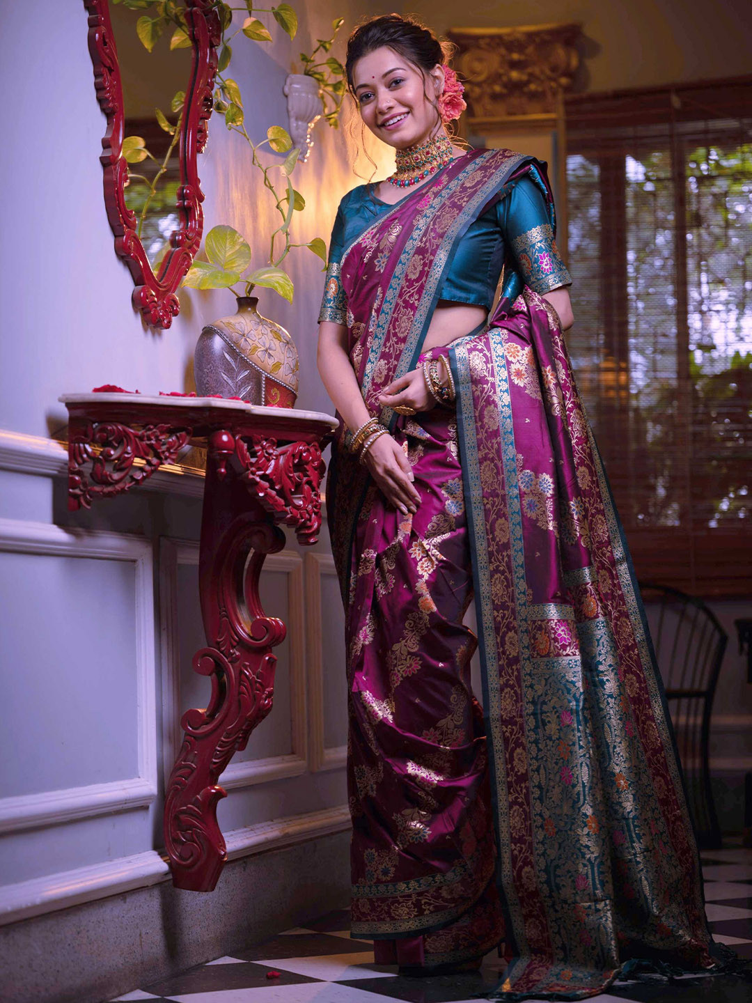 Mitera Purple & Blue Ethnic Motifs Woven Design Zari Banarasi Saree
