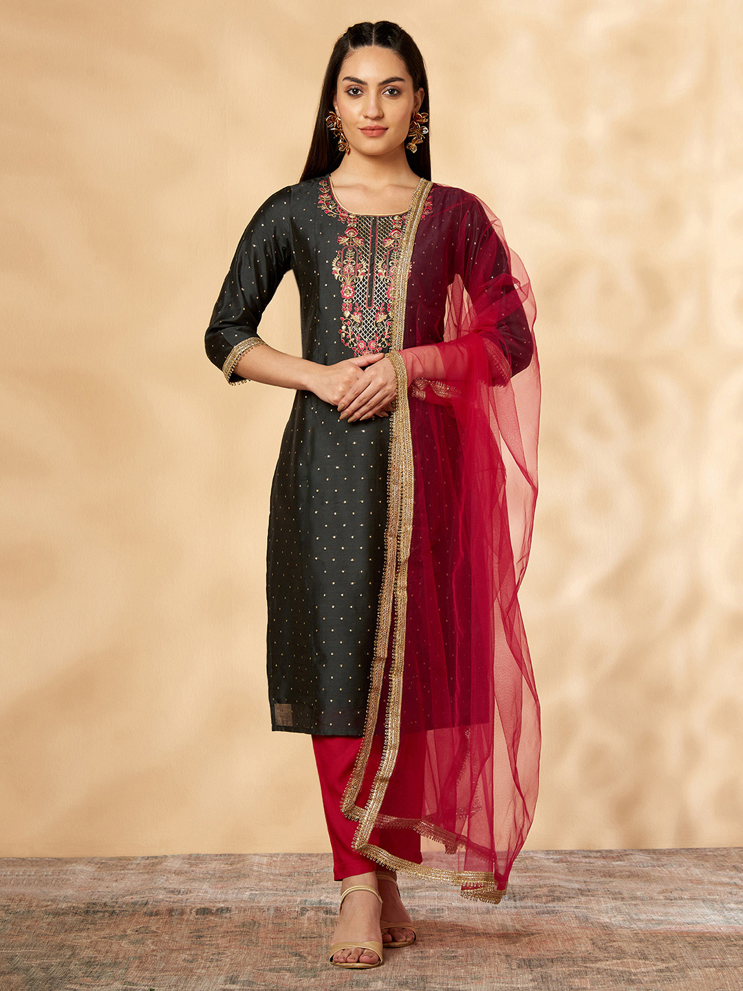 IMARA Geometric Printed Thread Work Chanderi Cotton Kurta & Trousers With Dupatta