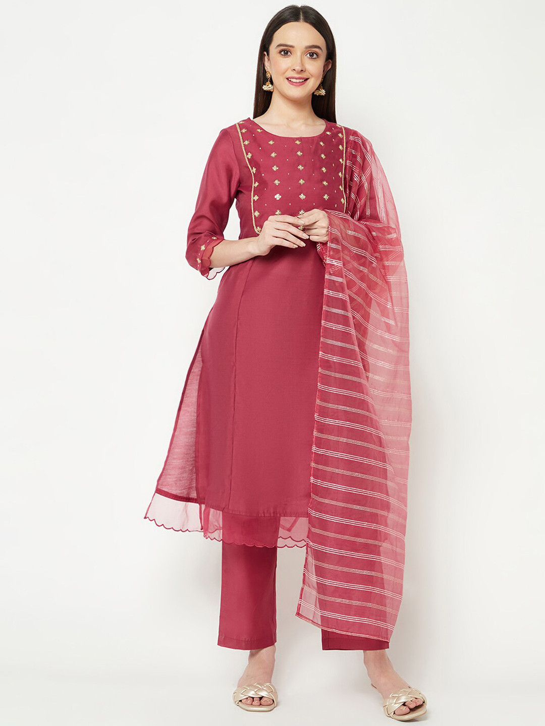 IMARA Floral Yoke Design Sequinned Detail Regular Kurta & Trousers With Dupatta