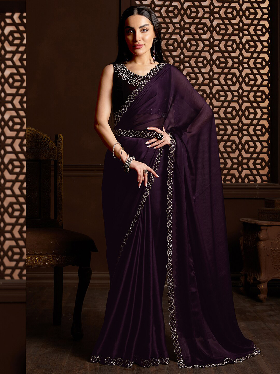 Saree mall Sequin Embellished Poly Chiffon Saree