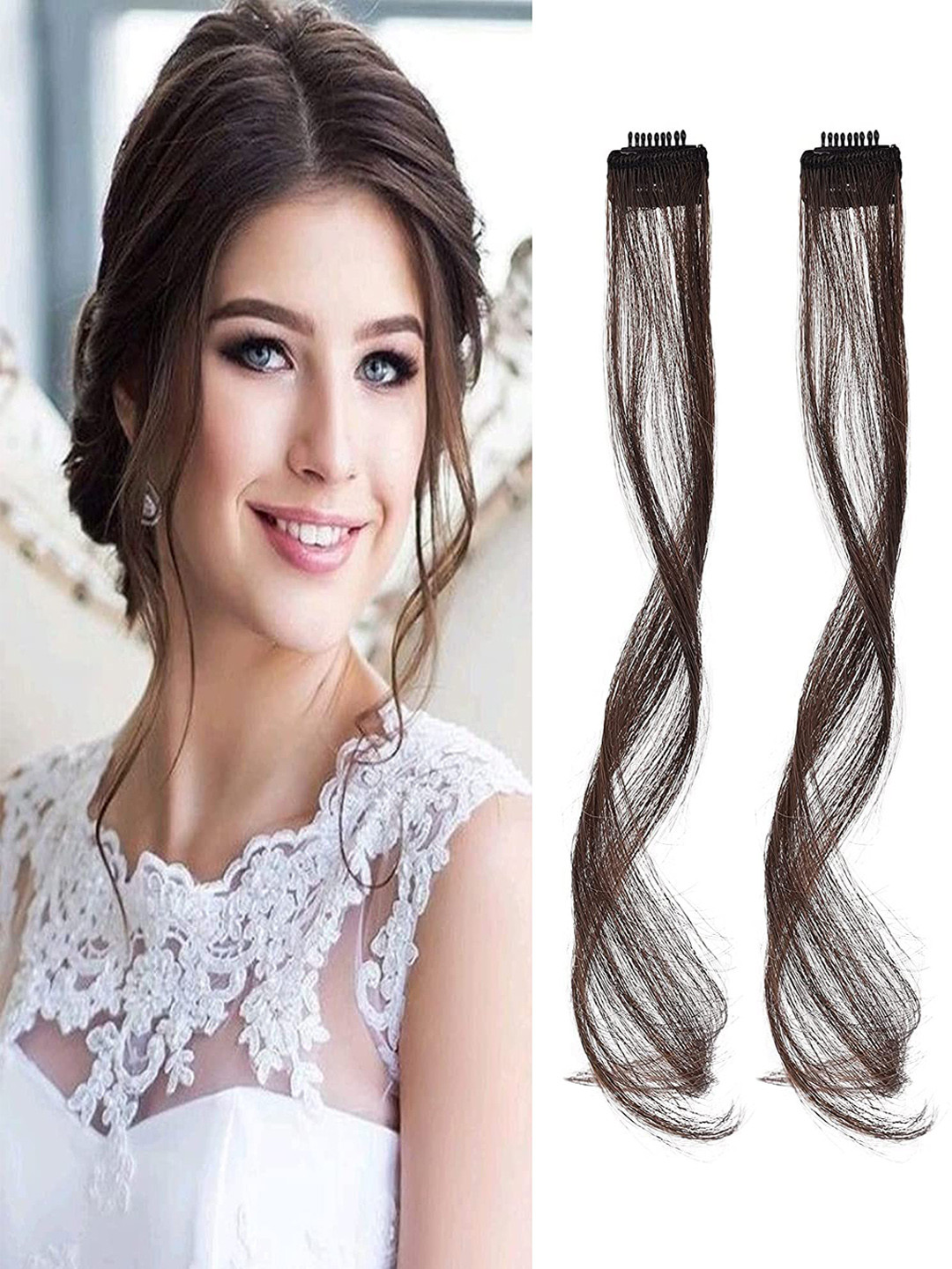 CHANDERKASH Set of 2 Synthetic Fibre Long Front Side Curly Clip Hair Extensions-Dark Brown