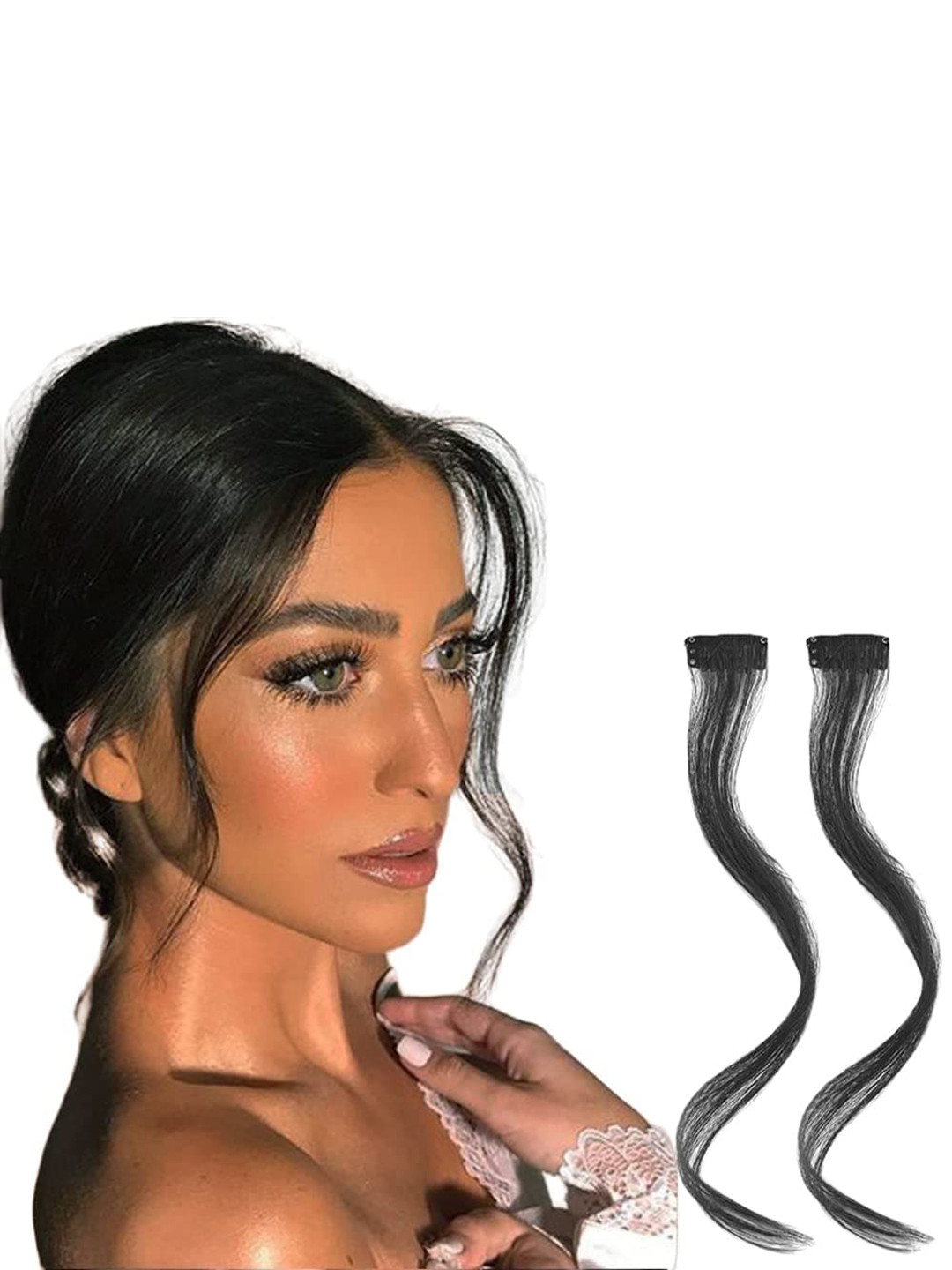 CHANDERKASH Set Of 2 Black Synthetic Single Clip Curtain Bangs Hair Extensions