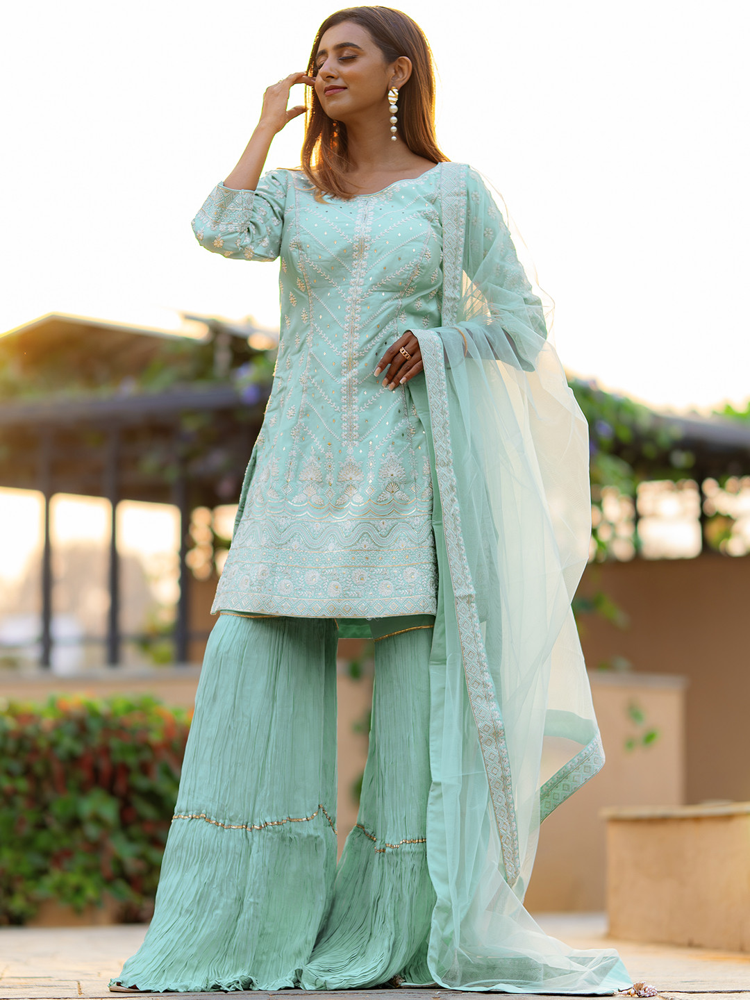 Libas Art Embroidered Regular Pure Silk Kurti with Sharara & Dupatta