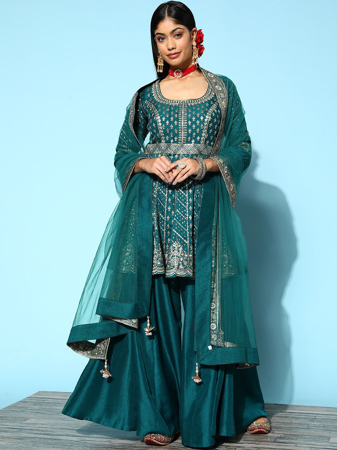 Libas Art Floral Embroidered Sequinned Pure Silk Kurti With Palazzos & With Dupatta