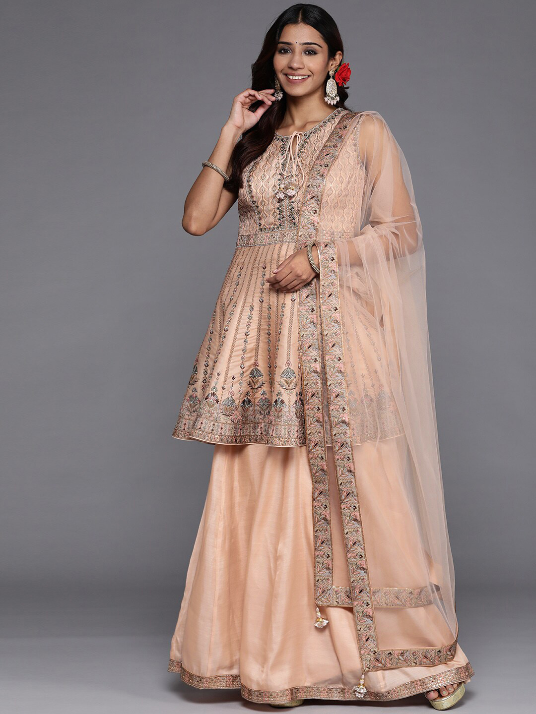 Libas Womens Peach Embroidered Silk Anarkali Kurti With Palazzos & Dupatta
