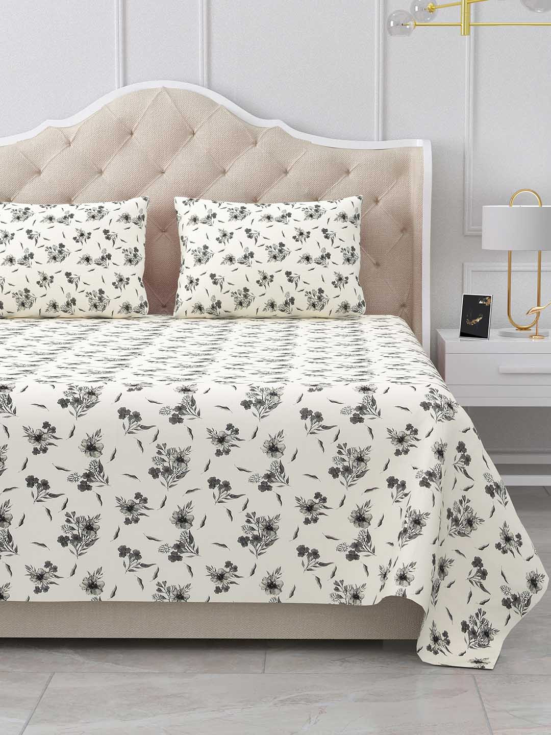 BELLA CASA Stella Collection Grey Printed 180 TC Cotton King Bedsheet & 2 Pillow Covers