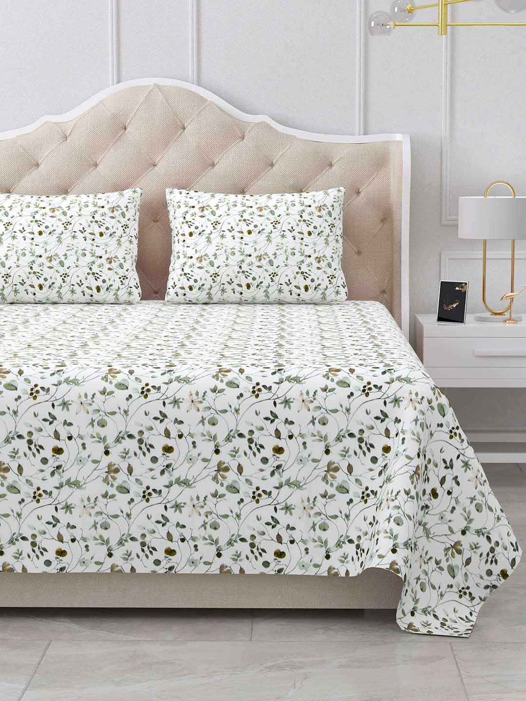 BELLA CASA Stella Collection White Printed 180 TC Cotton King Bedsheet & 2 Pillow Covers