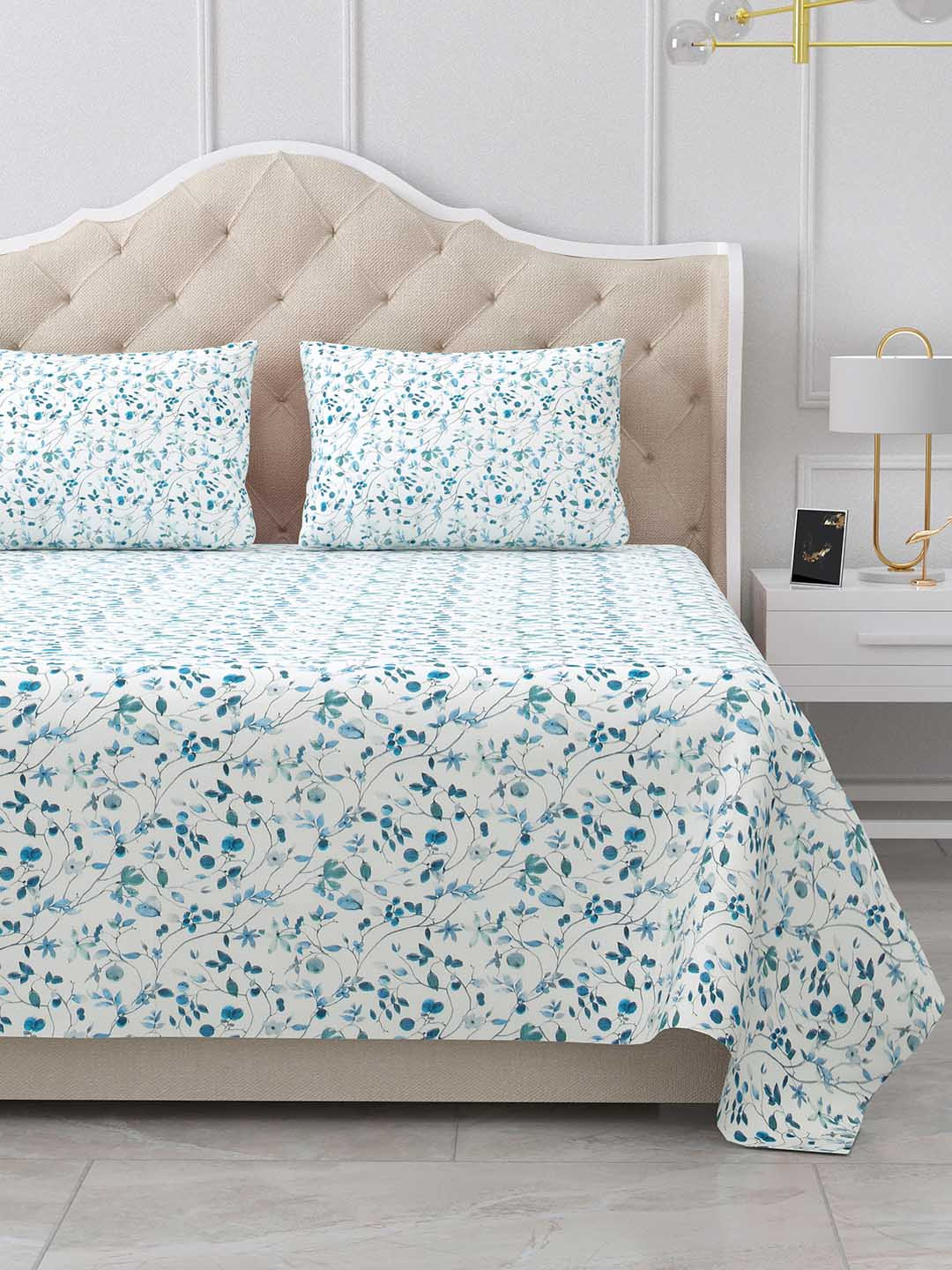 BELLA CASA Stella Collection White Printed 180 TC Cotton King Bedsheet & 2 Pillow Covers