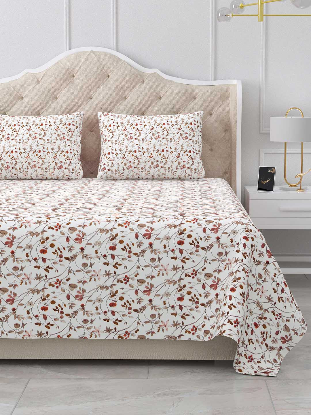 BELLA CASA Stella Collection White Printed 180 TC Cotton King Bedsheet & 2 Pillow Covers