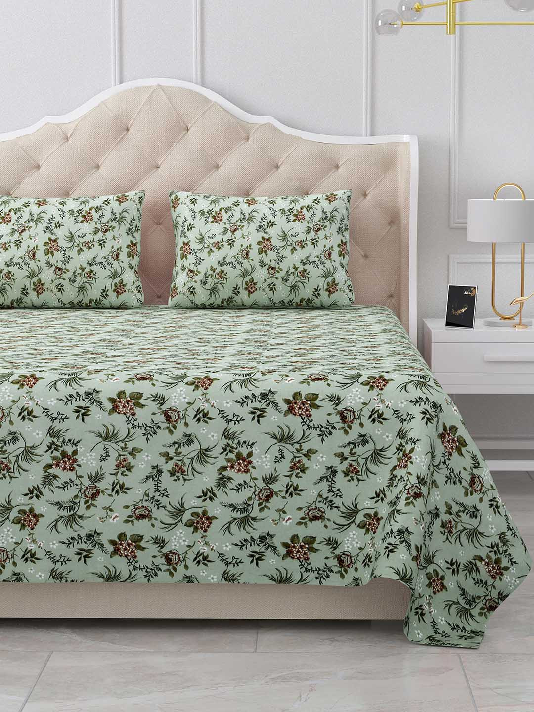 BELLA CASA Stella Collection Green Printed 180 TC Cotton King Bedsheet & 2 Pillow Covers