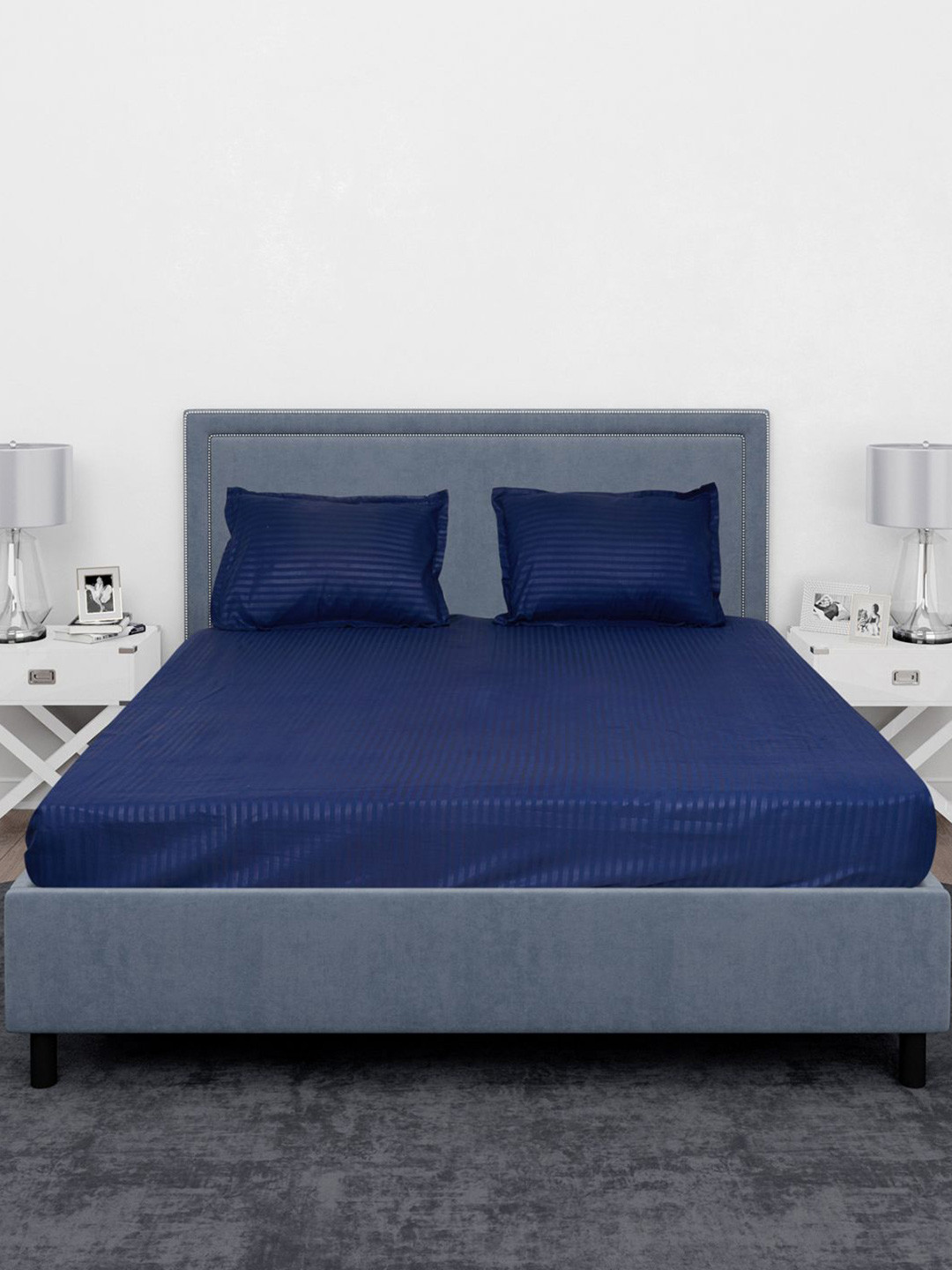 Black gold Comfort Navy Blue Striped Cotton 220 TC King Fine Bedsheet with 2 Pillow Covers-108 x 108 inches