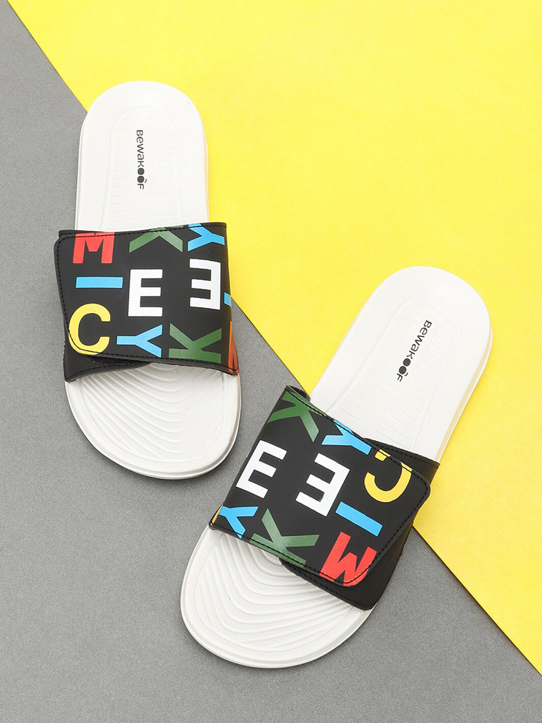 Bewakoof Men Black & White Mickey Typo Printed Sliders