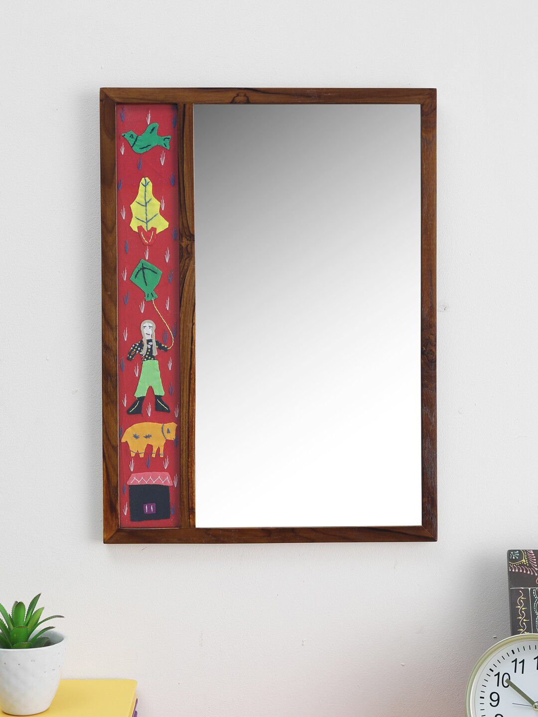 VarEesha Sui-Dhaaga Red & Brown Textured Wooden Framed Wall Mirror