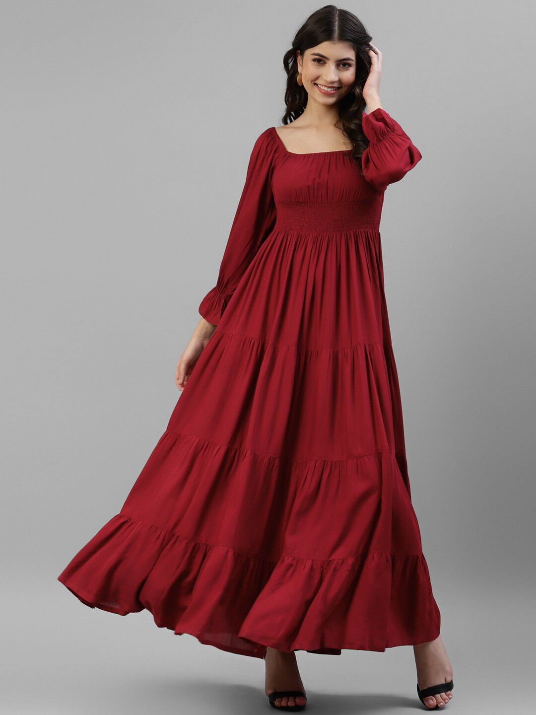 DEEBACO Square Neck Tiered Fit & Flare Maxi Dress