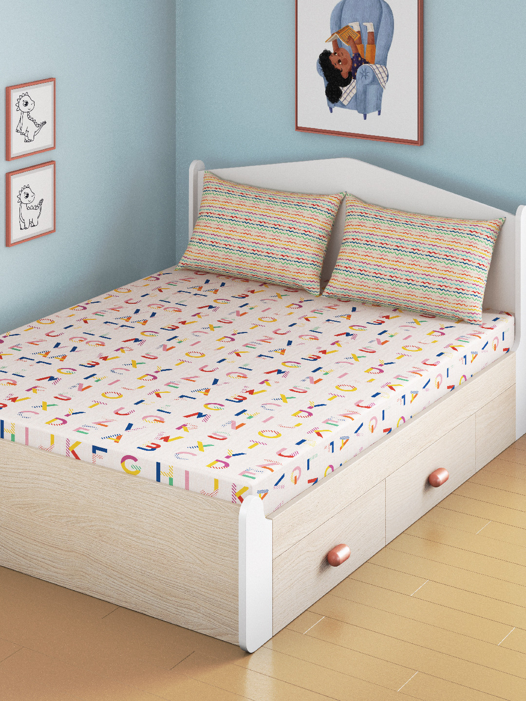 Smartsters Off White Typography Cotton 180 TC Fitted Queen Fine Bedsheet -203 x 152 cm