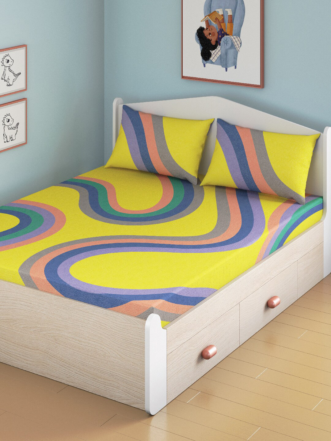 Smartsters Winding Roads Yellow Abstract Cotton 180 TC Fitted Queen Fine Bedsheet with 3 Pillow Covers-80 x 60 inches