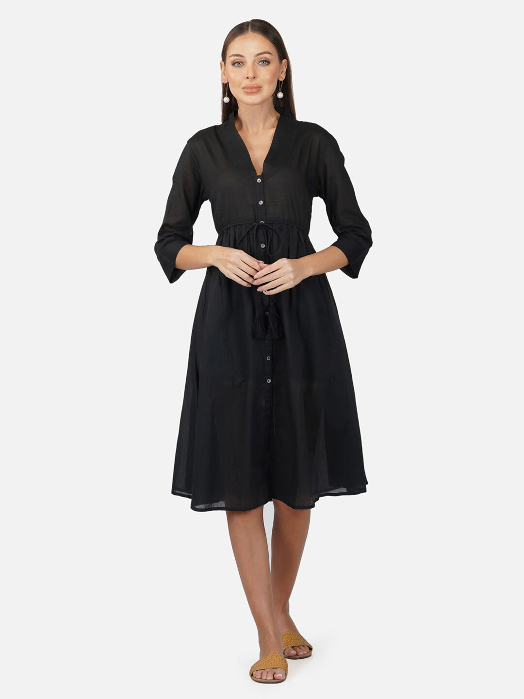 Porsorte V-Neck Tie-Up Detail Cotton Fit & Flare Midi Dress
