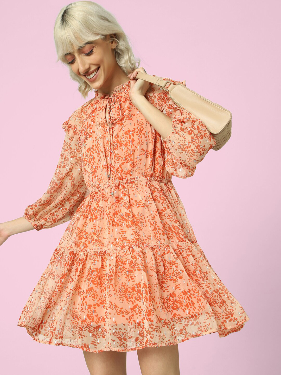 ONLY Onl Uexglio Ls Floral Printed Puff Sleeve Fit & Flare Dress