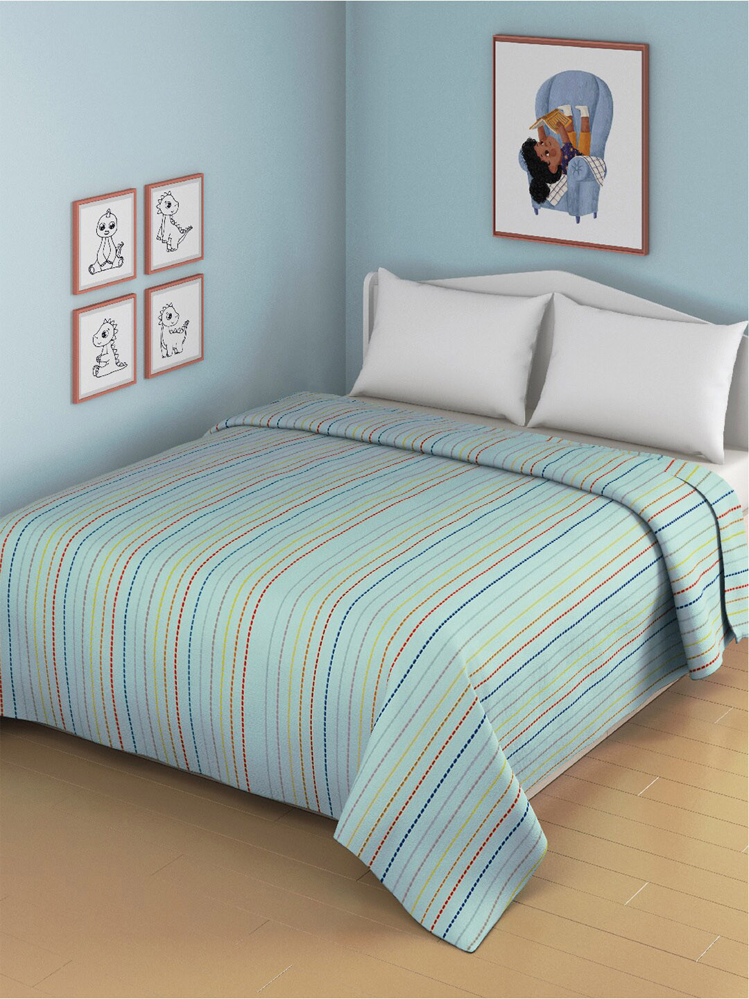 Smartsters Sea Green Striped Mild Winter 110 GSM Double Bed Quilt