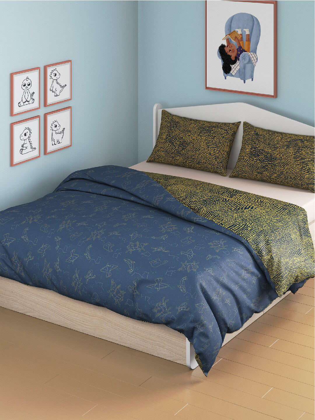 Smartsters Blue & Yellow Printed Reversible Mild Winter 300 GSM Double Bed Comforter