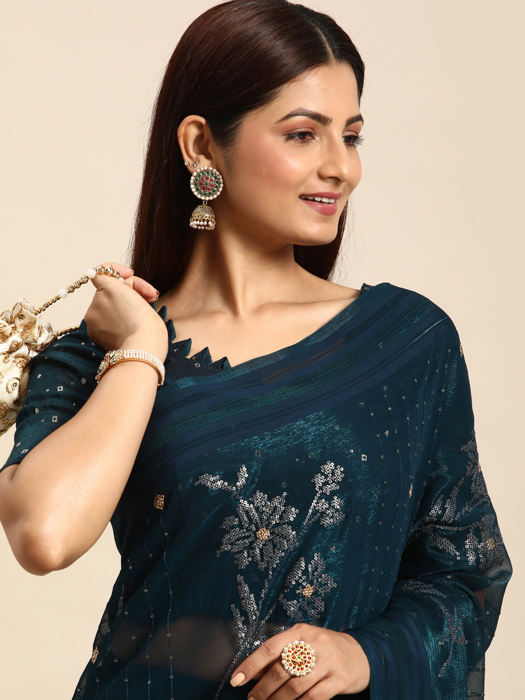 Mitera Teal Floral Sequinned Silk Chiffon Saree