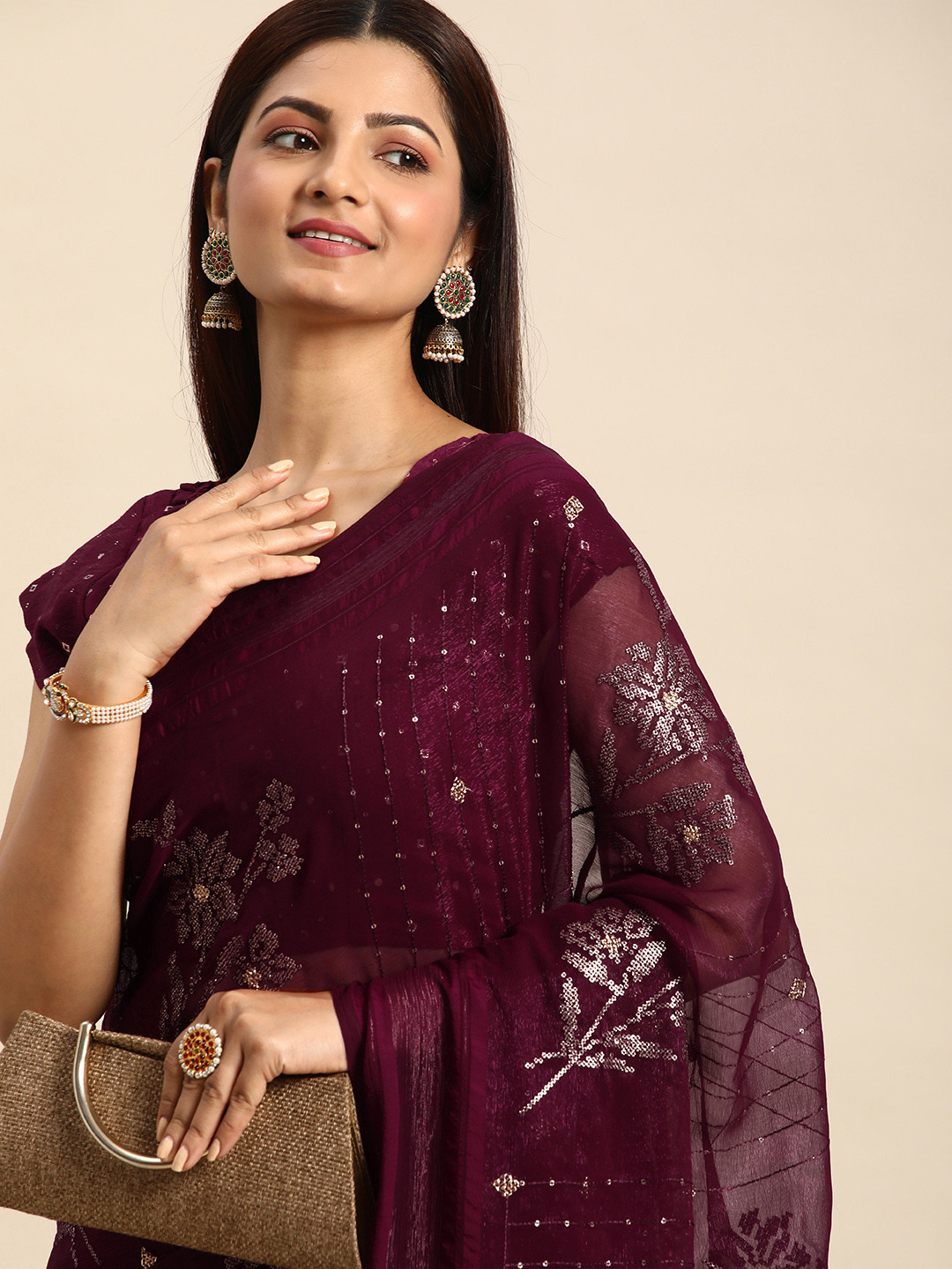 Mitera Floral Sequinned Silk Chiffon Saree