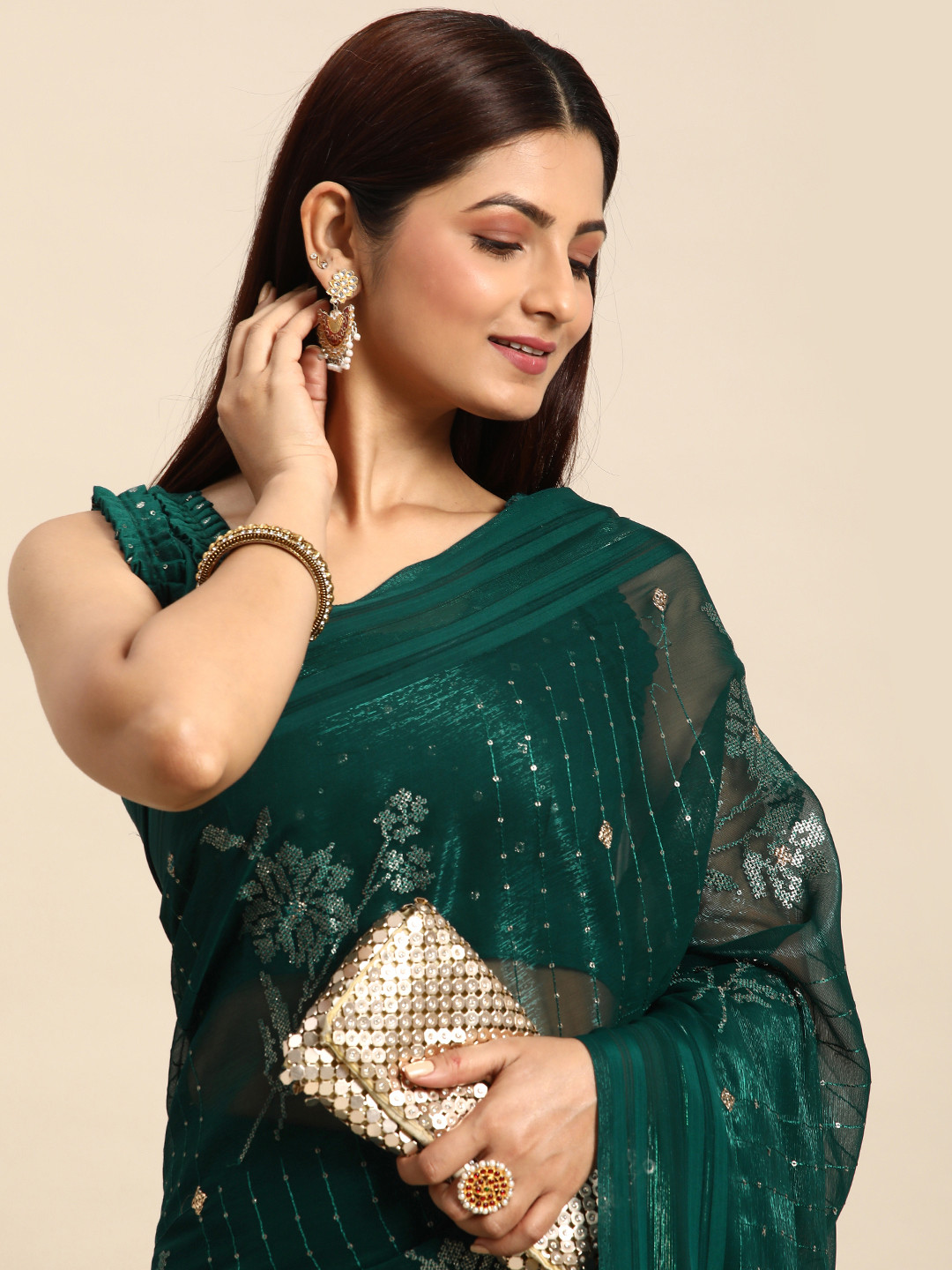 Mitera Floral Zari Sequinned Silk Chiffon Saree