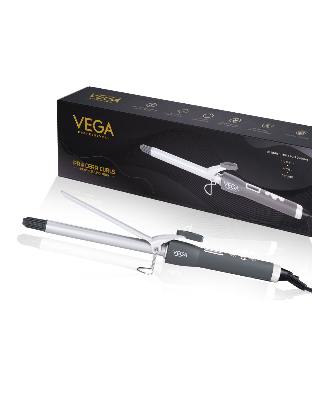 VEGA PROFESSIONAL VPMCT-02 Pro Cera Curls 19mm Barrel Hair Curler - Silver Toned